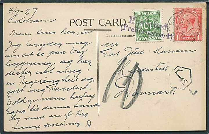 Engelsk 1d George V single på underfrankeret brevkort fra Cobham d. 4.7.1927 til Hundested, Danmark. Udtakseret i porto med 10 øre Portomærke annulleret med kontorstempel Hundested (Frederiksværk).