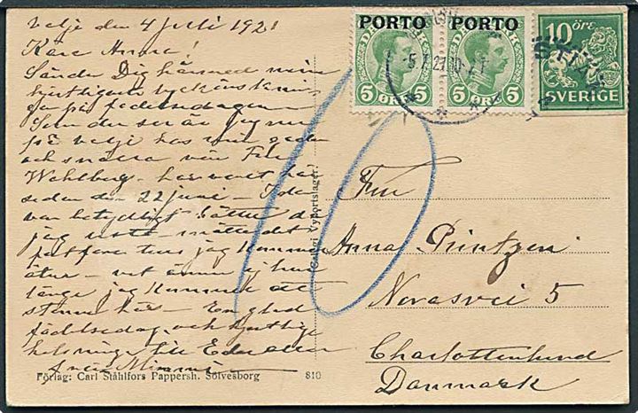 10 öre Løve på underfrankeret brevkort til Charlottenlund, Danmark. Udtakseret i porto med 5 øre Porto-provisorium i parstykke stemplet Charlottenlund d. 5.7.1921.