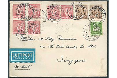 5 øre H.C.Andersen, 15 øre Tavsen (6) og 1 kr. Chr. X (2) på 2,95 kr. frankeret luftpostbrev fra København d. 30.11.1936 via München til Singapore.