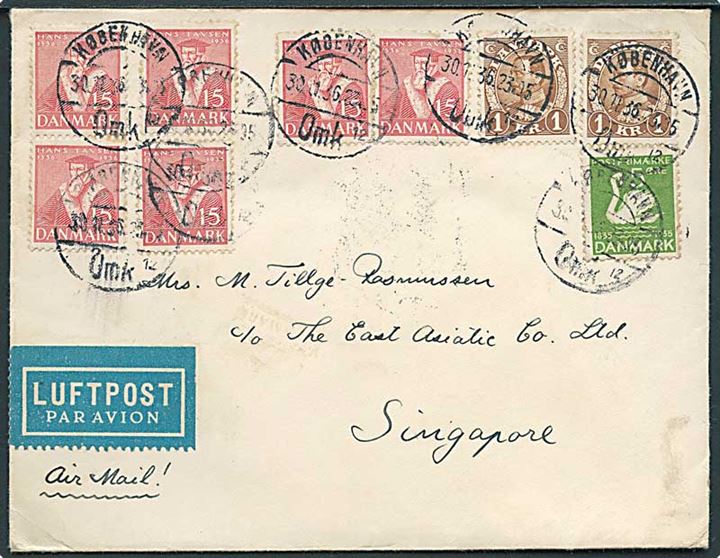 5 øre H.C.Andersen, 15 øre Tavsen (6) og 1 kr. Chr. X (2) på 2,95 kr. frankeret luftpostbrev fra København d. 30.11.1936 via München til Singapore.