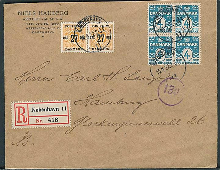 4 øre Bølgelinie i fireblok og 27/29 øre Provisorium i parstykke på anbefalet brev fra Kjøbenhavn d. 15.4.1922 til Hamburg, Tyskland.