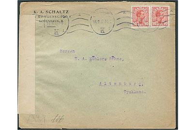 10 øre Chr. X i parstykke på brev fra Kjøbenhavn d. 14.10.1918 til Altenburg, Tyskland. Åbnet af tysk censur.