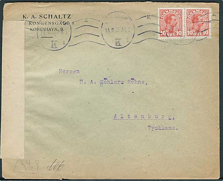 10 øre Chr. X i parstykke på brev fra Kjøbenhavn d. 14.10.1918 til Altenburg, Tyskland. Åbnet af tysk censur.