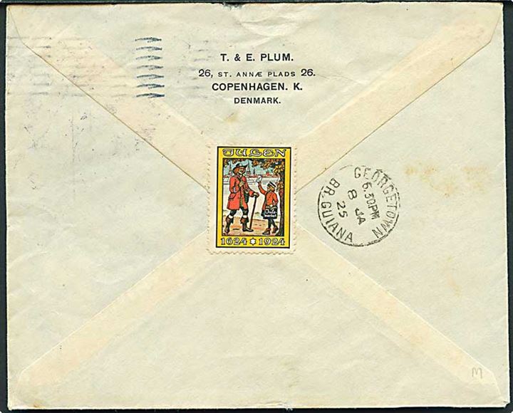 40 øre Chr. X single på brev fra København *3* d. 16.12.1924 til Demera, British Guiana, Sydamerika. På bagsiden Julemærke 1924 og ank.stempel Georgetown Br. Guiana d. 8.1.1924.