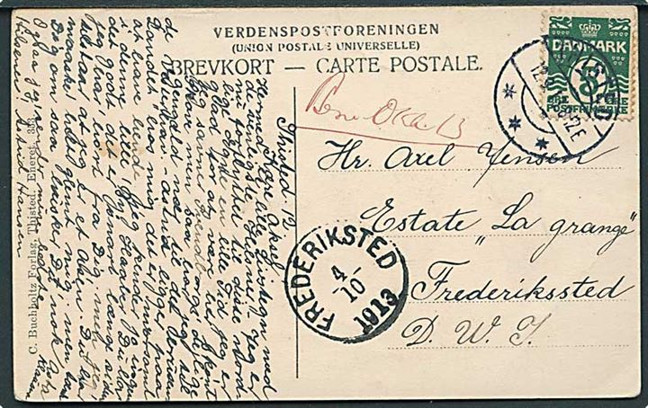 5 øre Bølgelinie på brevkort fra Thisted d. 12.9.1913 til Frederiksted, Dansk Vestindien.