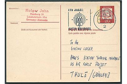 Tysk 20 pfg. dobbelt helsagsbrevkort fra Hamburg d. 4.7.1967 til Thule Air Base på Grønland. Vedhængende ubenyttet svardel.