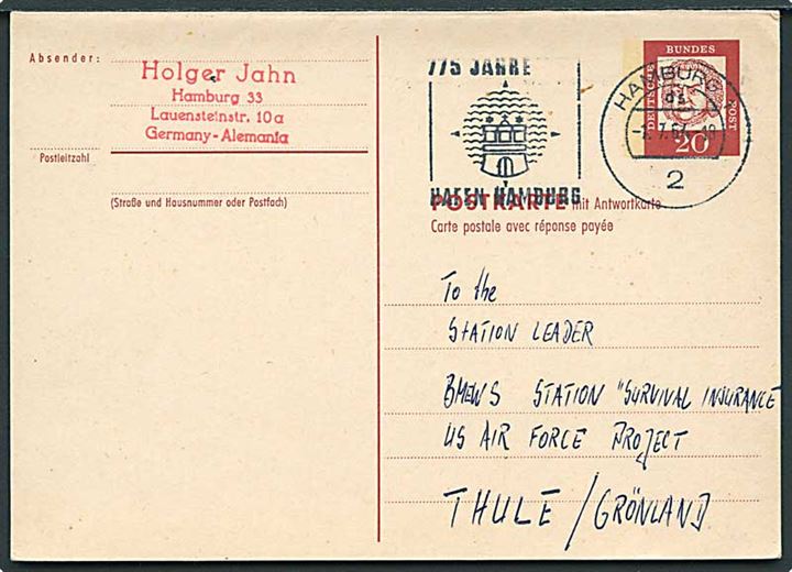 Tysk 20 pfg. dobbelt helsagsbrevkort fra Hamburg d. 4.7.1967 til Thule Air Base på Grønland. Vedhængende ubenyttet svardel.