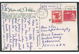 Amerikansk 6 cents og 8 cents (skade) Luftpost på brevkort fra Charlotte Amalie  V.I. d. 18.2.1964 til Aabenraa, Danmark.