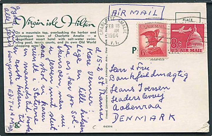 Amerikansk 6 cents og 8 cents (skade) Luftpost på brevkort fra Charlotte Amalie  V.I. d. 18.2.1964 til Aabenraa, Danmark.