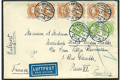 5 øre (3) og 10 øre (6) Chr. X 60 år på luftpostbrev fra København d. 11.9.1931 til Paris, Frankrig. Del af bagklap mgl.