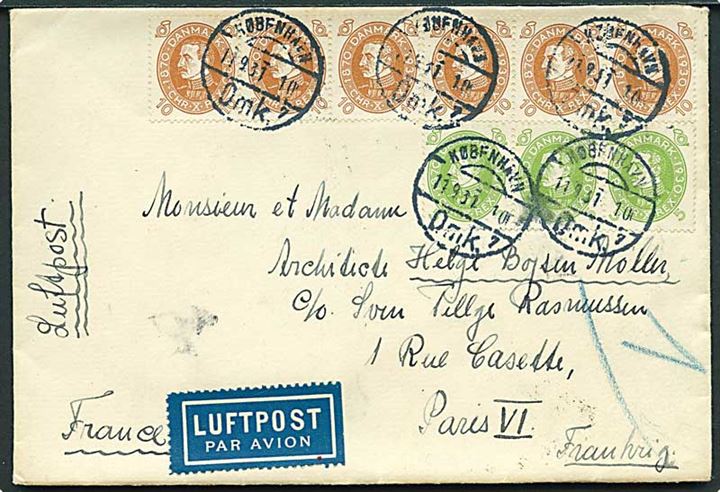 5 øre (3) og 10 øre (6) Chr. X 60 år på luftpostbrev fra København d. 11.9.1931 til Paris, Frankrig. Del af bagklap mgl.