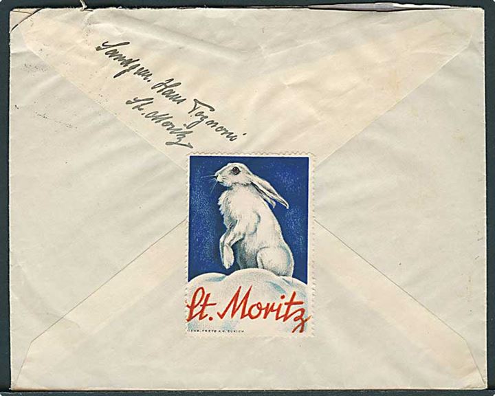 20 c. på brevkort fra St. Moritz Dorf d. 9.1.1932 til Luzern. På bagsiden eitket: St. Moritz med snehare.