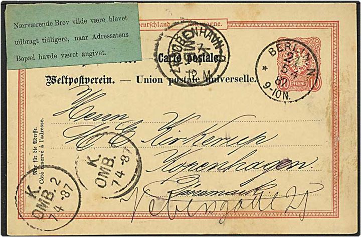 10 pfennig rød helsag fra Berlin, Tyskland, d. 5.4.1887 til København. Postal vignet angående mangel i adressen.