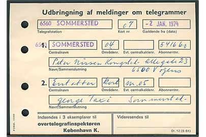 Udbringning af meldinger om telegrammer - formular Ot.12 (8-64) fra Sommersted d. 2.1.1974 til Overtelegrafinspektøren i København.