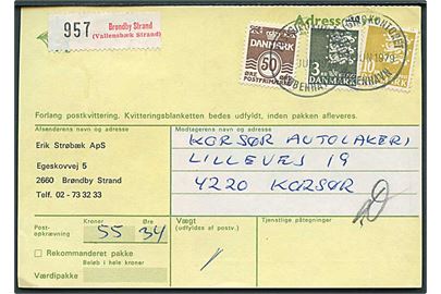 50 øre Bølgelinie, 3 kr. og 10 kr. Rigsvåben på adressekort fra Brøndby Strand (Vallensbæk Strand) annulleret med brotype IIIg Postgirokontoret København d. 28.6.1979 til Korsør.