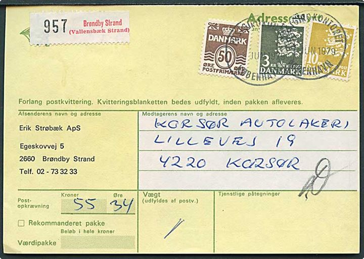 50 øre Bølgelinie, 3 kr. og 10 kr. Rigsvåben på adressekort fra Brøndby Strand (Vallensbæk Strand) annulleret med brotype IIIg Postgirokontoret København d. 28.6.1979 til Korsør.