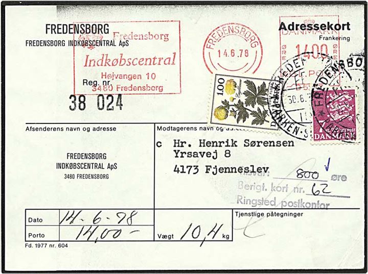 8 kr. porto på adressekort fra Fredensborg d. 14.6.1978 til Fjenneslev.