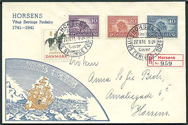 Komplet sæt Vitus Bering og Julemærke 1941 på illustreret FDC sendt anbefalet fra Horsens d. 27.11.1941 til Horsens.