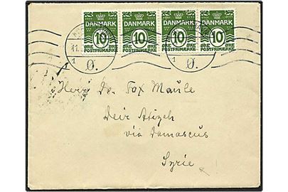 10 øre grøn bølgelinie på brev fra København d. 11.2.1924 til Damascus, Syrien.