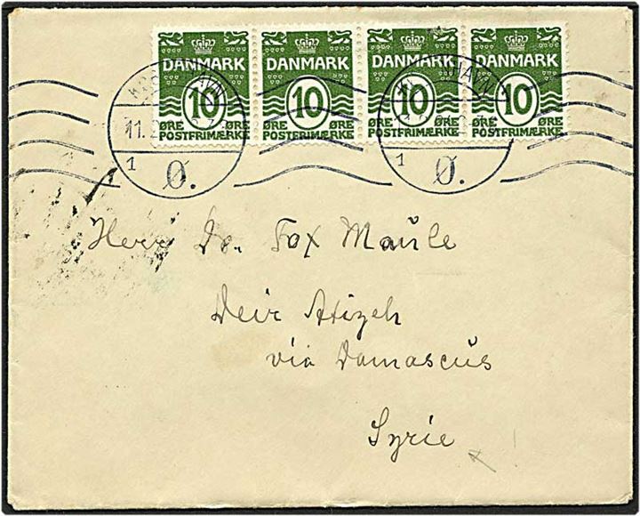 10 øre grøn bølgelinie på brev fra København d. 11.2.1924 til Damascus, Syrien.