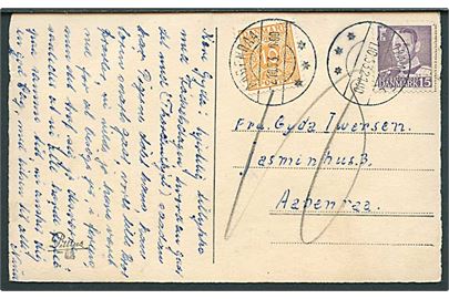 15 øre Fr. IX på underfrankeret brevkort fra Hammel d. 1.10.1953 til Aabenraa. Udtakseret i porto med 10 øre Portomærke stemplet Aabenraa d. 2.10.1953.