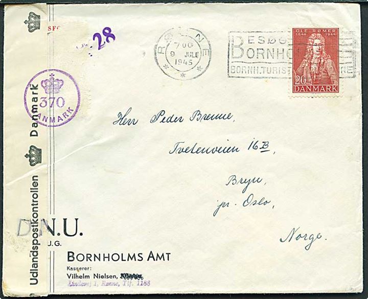 20 øre Ole Rømer på brev fra Rønne d. 9.7.1945 til Bryn pr. Oslo, Norge. Åbnet af dansk efterkrigscensur (krone)/370/Danmark. Ukendt mærkat fjernet af censuren.