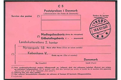 Modtagelsesbevis formular F.4 (3-54 A6) fra Lyngby d. 18.6.1957 til København.