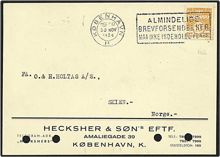 6 øre orange bølgelinie på kort fra København d. 30.11.1934 til Skien, Norge. Mærket med perfin H66 - Hecksher & Søn.