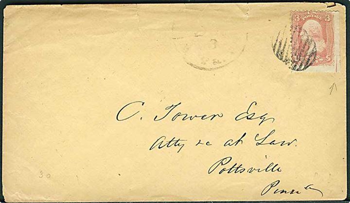 3 cents Washington utakket i højre side på brev med svagt stempel fra 1860'erne til Pottsville, Pen.