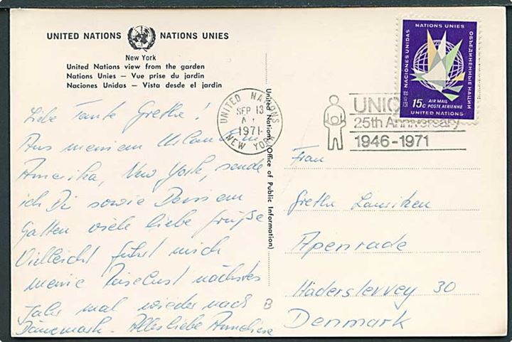 15 c. Luftpost udg. på brevkort stemplet United Nations New York d. 13.9.1971 til Åbenrå, Danmark.