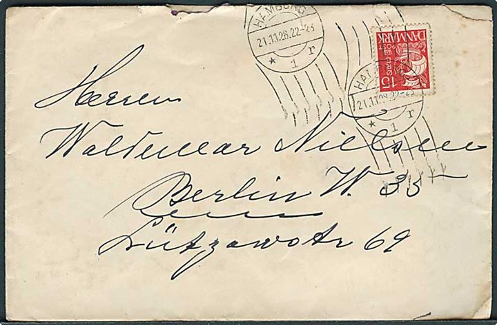 15 øre Karavel på brev annulleret med tysk håndrullestempel Hamburg d. 21.11.1928 til Berlin.