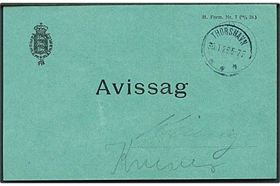 Ufrankeret Avissag M.Form. Nr. 7 (12/5 24.) stemplet Thorshavn d. 30.1.1926 til Kvivig.