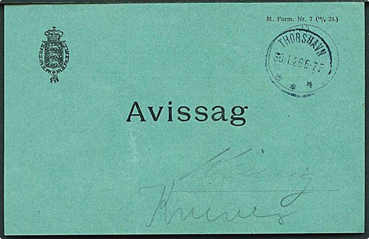 Ufrankeret Avissag M.Form. Nr. 7 (12/5 24.) stemplet Thorshavn d. 30.1.1926 til Kvivig.