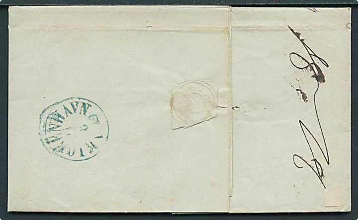 1849. Portobrev med blåtgrønt antiqua Kjøbenhavn d. 11.8.1849 til Randers. Påskrevet 20 sk. porto.