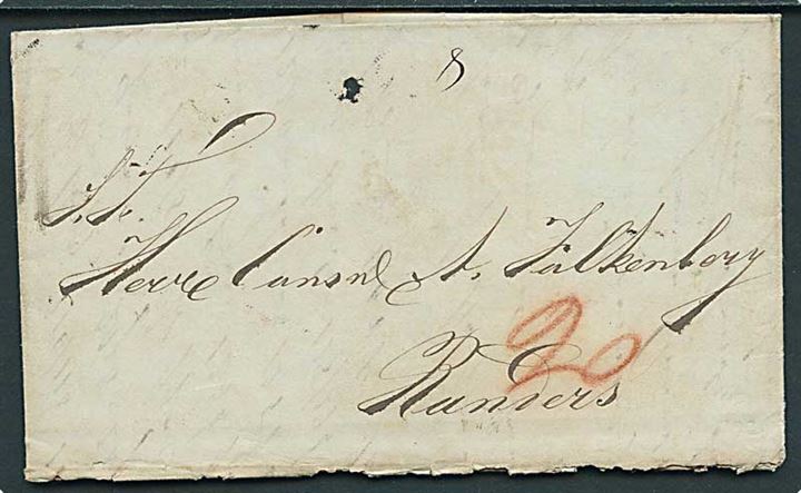 1849. Portobrev med blåtgrønt antiqua Kjøbenhavn d. 24.4.1849 til Randers. Påskrevet 20 sk. porto.