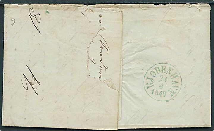 1849. Portobrev med blåtgrønt antiqua Kjøbenhavn d. 24.4.1849 til Randers. Påskrevet 20 sk. porto.