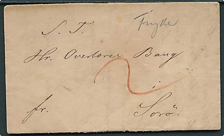 1848. Francobrev dateret Aalborg d. 26.9.1848 til Sorø. Påskrevet 2 skilling bærepenge.