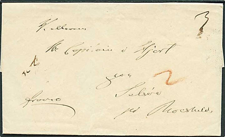 1843. Francobrev med antiqua Kjøbenhavn d. 10.1.1843 til Selsöe pr. Roeskilde. Påskrevet 2 sk. bærepenge.