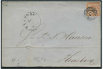 4 sk. 1854 udg. på brev annulleret med nr.stempel 15 og sidestemplet antiqua Faaborg d. 21.2.1857 til Flensburg.