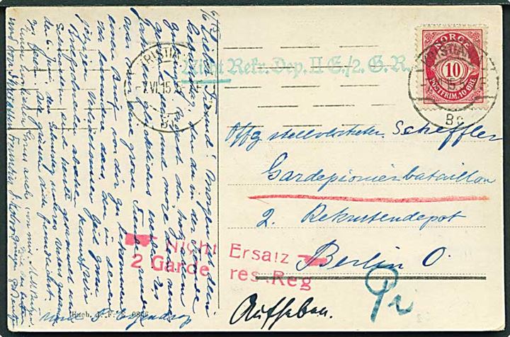 10 øre Posthorn på brevkort fra Kristiania d. 7.6.1915 til soldat ved Gardpionierbataillon i Berlin, Tyskland. Ubekendt med 2 forskellige stempler.