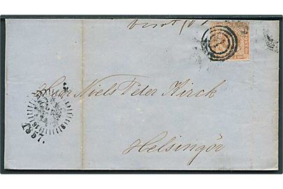 4 sk. 1854 udg. på brev annulleret med nr.stempel 1 og sidestemplet med kompasstempel Kjøbenhavn d. 30.1.1857 til Helsingør.