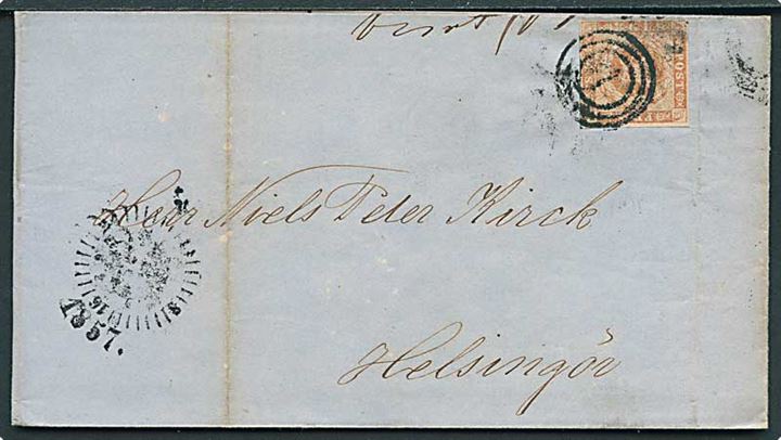 4 sk. 1854 udg. på brev annulleret med nr.stempel 1 og sidestemplet med kompasstempel Kjøbenhavn d. 30.1.1857 til Helsingør.