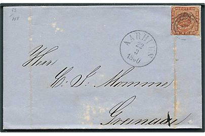 4 sk. 1854 udg. på brev annulleret med nr.stempel 5 og sidestemplet antiqua Aarhus d. 22.3.1860 til Grenaa.