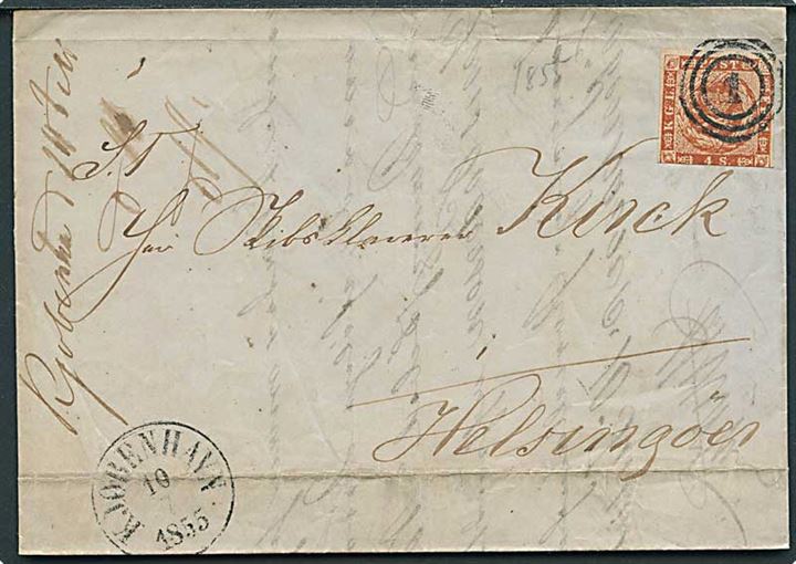 4 sk. 1854 udg. på brev annulleret med nr.stempel 1 og sidestemplet antiqua Kjøbenhavn d. 10.7.1855 til Helsingør.