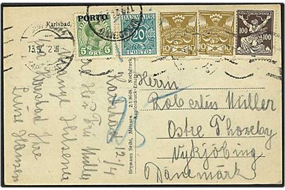 Postkort fra Tjekkoslovakiet til Nykøbing F. d. 17.4.1922. Kortet sat i porto med 25 øre og påsat 5 øre grøn Chr. X og 20 øre blågrøn portomærker.