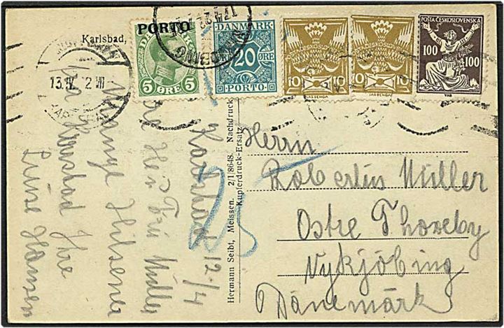 Postkort fra Tjekkoslovakiet til Nykøbing F. d. 17.4.1922. Kortet sat i porto med 25 øre og påsat 5 øre grøn Chr. X og 20 øre blågrøn portomærker.