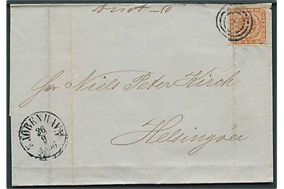 4 sk. 1854 udg. på brev annulleret med nr.stempel 1 og sidestemplet antiqua Kjøbenhavn d. 26.9.1856 til Helsingør.
