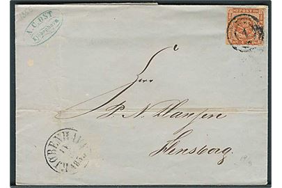 4 sk. 1854 udg. på brev annulleret med nr.stempel 1 og sidestemplet antiqua Kjøbenhavn d. 14.8.1855 til Flensburg.