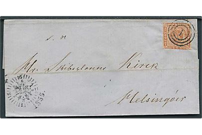 4 sk. 1854 udg. på brev annulleret med nr.stempel 1 og sidestemplet med kompasstempel Kjøbenhavn d. 12.4.1856 til Helsingør.