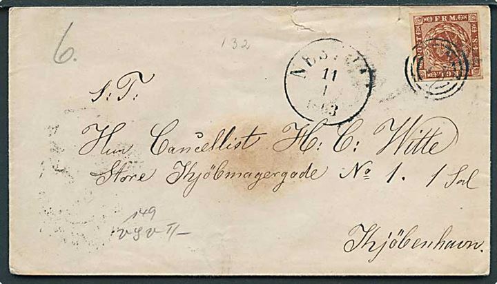 4 sk. 1858 udg. på brev annulleret med nr.stempel 44 og sidestemplet antiqua Nestved d. 11.1.1863 til Kjøbenhavn.